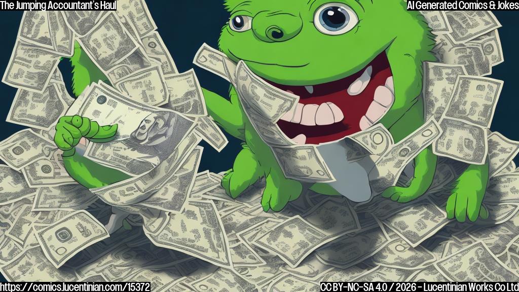 A plain color cartoon style illustration. A small, vibrant green, big-eyed creature with strong, bent legs ready for jumping. It is sitting on a large stack of money bills, looking slightly exhausted but triumphant, holding a small calculator in one hand and pointing with the other to an empty spot as if having just gathered more money from there. The background is a solid light blue. No text.