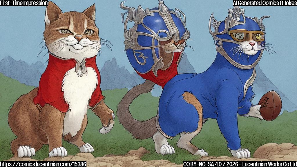 Plain color cartoon style. A victorious, stylized wild mountain cat, colored in shades of blue and white, stands confidently on a simple sports field. Its head is held high, with a slightly smug expression. Next to it, a human-like figure dressed entirely in red, with a helmet that partially covers its face, is sitting on the ground, looking utterly dejected and surprised, as if just losing a game. Plain color background.