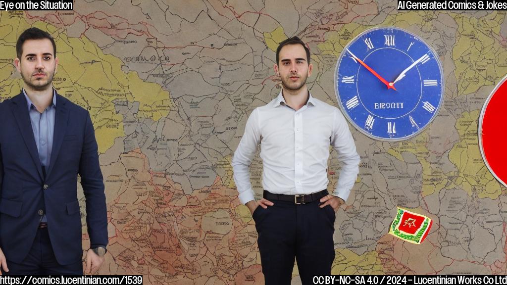 A red-faced diplomat standing in front of a clock with a red arrow pointing to midnight, surrounded by Israeli and Hezbollah symbols and a map of Lebanon in the background.