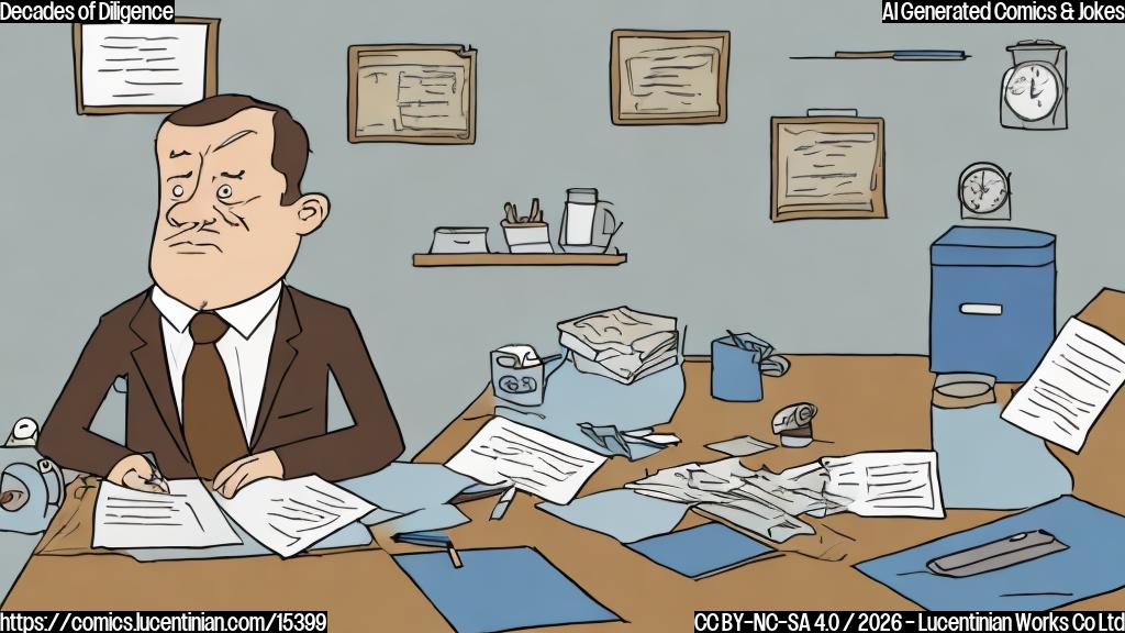 A plain color cartoon style illustration. A serious-looking, middle-aged man with short, neat brown hair, wearing a crisp grey business suit and a blue tie, sits thoughtfully at a very large, clean executive desk. He is holding a pen in one hand and looking down at a long, official-looking document in front of him, labeled "Annual Shareholder Letter." Above his head, a small, transparent thought bubble contains the text: "Decades... how many decades?". The background is a simple, calming light blue office wall with a framed diploma or certificate. The art style is minimalist with strong outlines and flat, corporate colors.