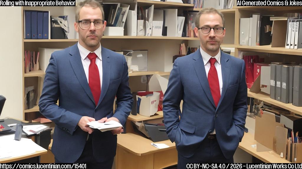 A man in a suit with a stern expression, surrounded by office supplies and a desk with a pen that is rolled up like an eye, standing in front of a university logo with a red X marked through it.
