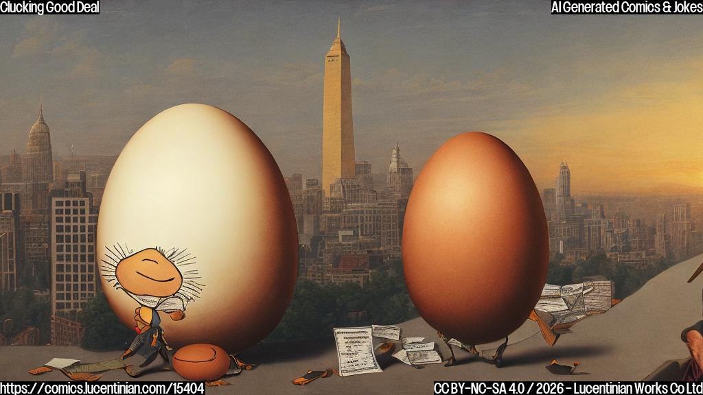 A large, smiling egg with a lawyer hat on its head, surrounded by a few tickets and a contract in the background, with a cityscape of Washington D.C. at sunset.