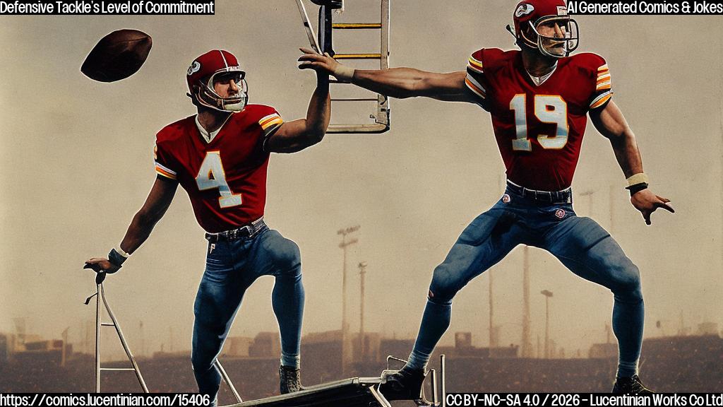 A muscular, helmeted figure with a furrowed brow and a determined expression stands on top of a ladder. The ladder is leaning against a large, gleaming football field in the background, with a faint outline of a Kansas City Chiefs logo visible on the scoreboard. The figure is wearing a number 98 jersey and holding onto the ladder for support.