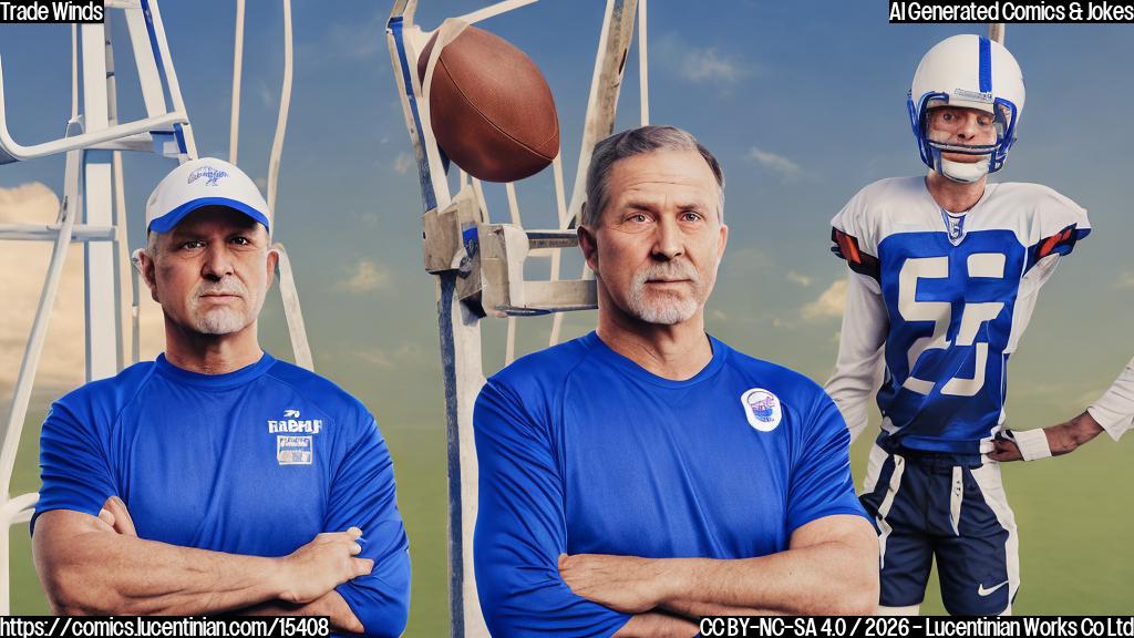 a middle-aged man in athletic gear with a football helmet, wearing a blue jersey and holding a ladder, standing next to a tall flagpole with the colors of the team emblazoned on it