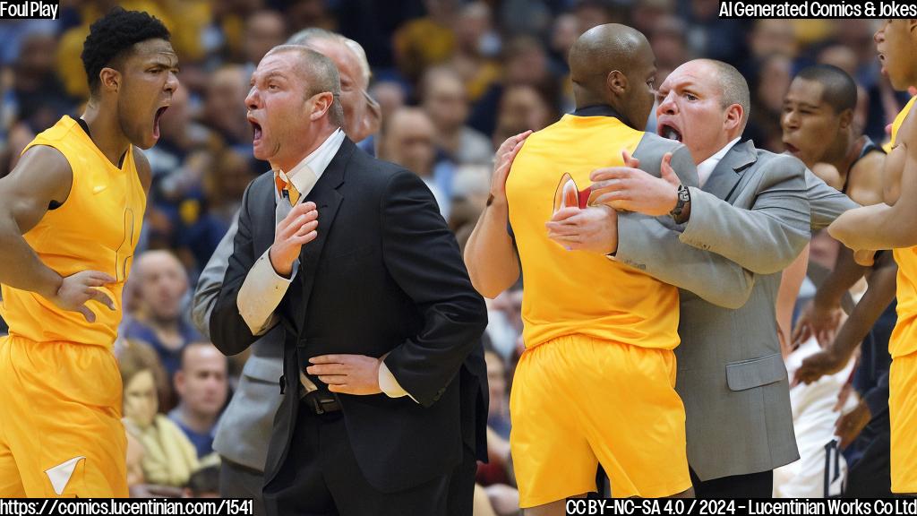 A coach with a fiery temper is seen yelling at an opponent, while another player is clutching their head after being kicked in the face during a heated rebound battle. The coach's emotions are reflected in their intense facial expression and raised arms, with the opponent slumped on the floor, clutching their head in pain. Include a referee's yellow card visible on the coach's shoulder, symbolizing their ejection from the game.