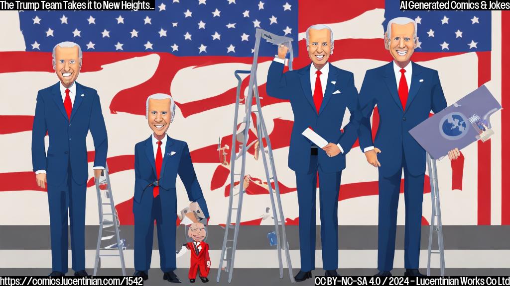 Draw an anthropomorphic, balding businessman standing on a step stool, with a ladder behind him, and a confused-looking Biden in the background. The businessman should be holding a small American flag and wearing a suit with a "Transition Coordinator" badge. The ladder should have multiple steps with a briefcase at each level, symbolizing the refusal to accept key agency handovers.