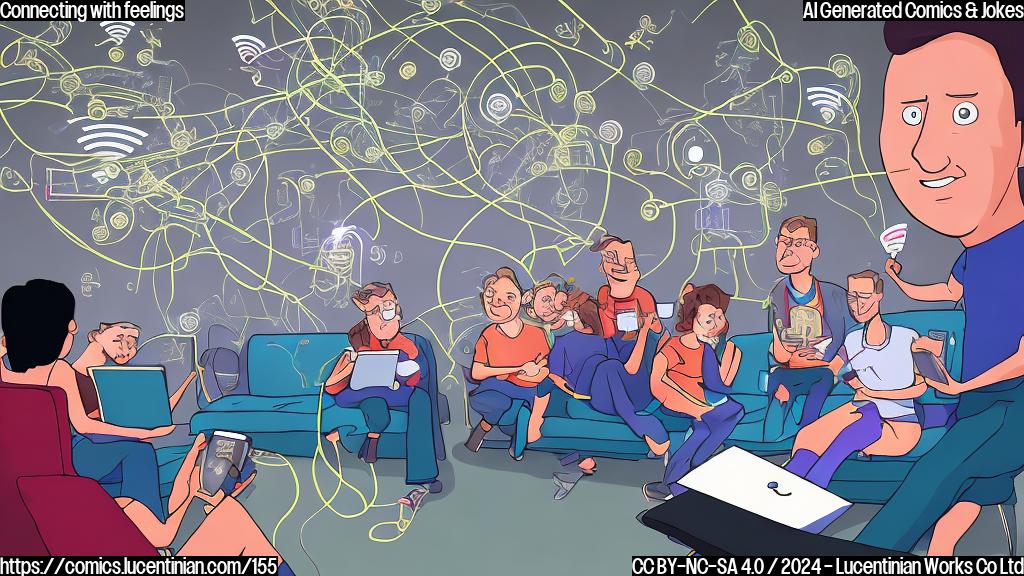 A cartoon-style picture of a person sitting on a couch, looking stressed and holding a mobile device with a Wi-Fi signal icon. In the background, there's a blurred image of a router with multiple cables connected to it. The person is surrounded by other family members who are all connected to their own devices, but the person in the middle looks like they're trying to disconnect from everyone.