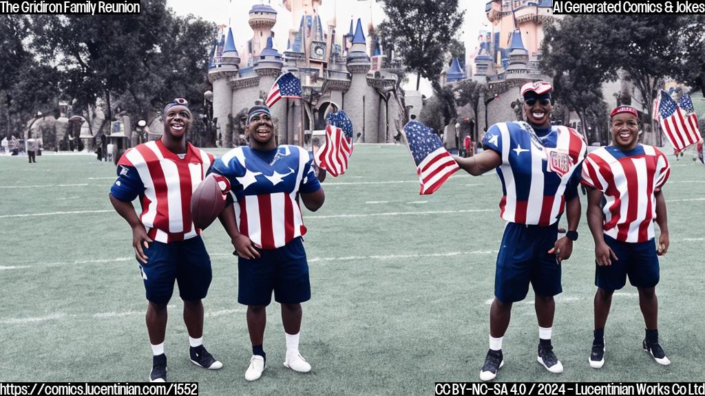 Two brothers, one NFL coach and another former player, wearing matching football helmets with American flags on them, standing side by side in front of a football field with a Disney-style castle in the background, surrounded by cheering crowds of people with big smiles. The brothers are both holding footballs and giving each other thumbs up. The sun is setting behind them.