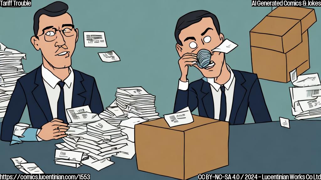 A cartoon of a person (with a stern expression) sitting behind a desk, surrounded by closed boxes and papers with numbers on them. The person is wearing a suit and has a speech bubble coming out of their mouth with the word "boxed" written inside it. In the background, there's a subtle image of Mexico and Canada.