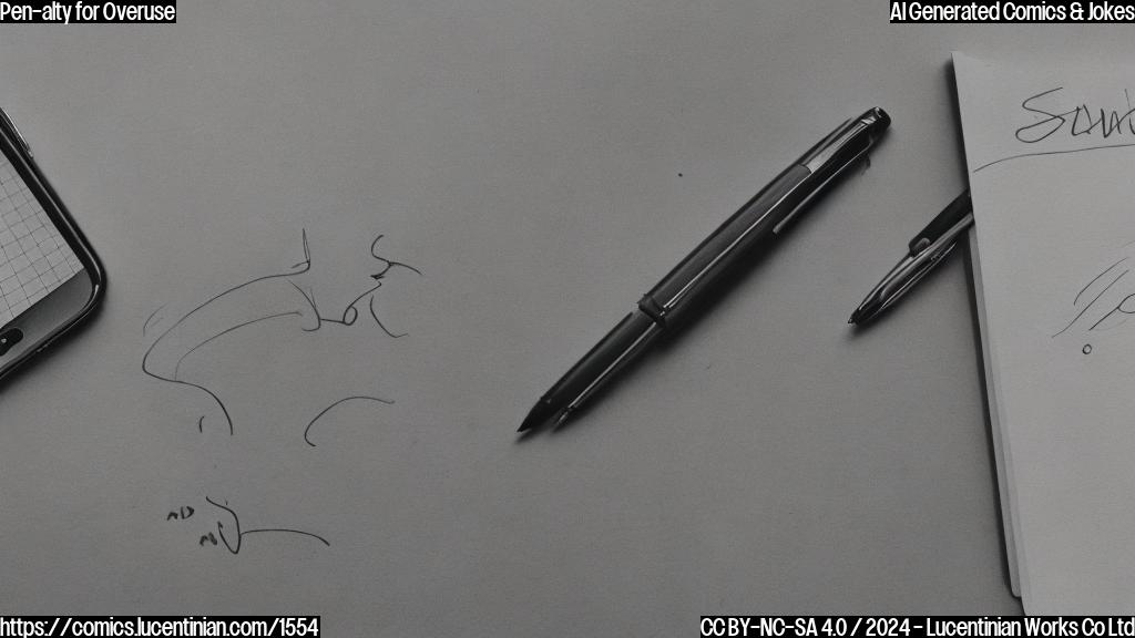 Draw an image of a pen sitting on a desk, looking stressed and exhausted, with a Galaxy S25 Ultra in the background, and the S Pen lying next to it. The pen should be surrounded by scribbled notes and papers, conveying its emotional state.