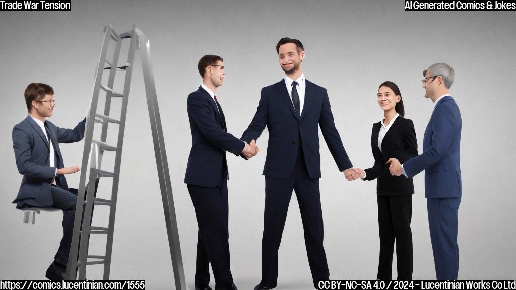 A man in a business suit is standing on a step stool, holding hands with another person who is also in a business suit. The second person has their hand extended and is looking up at the first person with a serious expression. The background is a blurred image of two other people shaking hands, both with a hint of a ladder behind them.