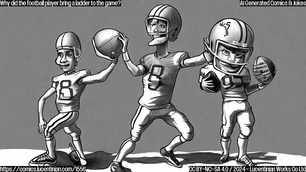 Draw a cartoon of a football player standing on top of a ladder, wearing a football helmet and holding a football in one hand, with a confident expression on his face. The background should be a sports stadium with excited fans cheering in the stands.