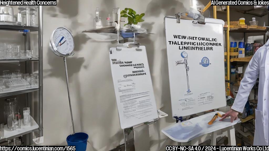 A person in a white lab coat is standing on top of a ladder, with a thermometer and a clipboard. The ladder is positioned in front of a large glass container filled with raw milk, with a warning sign nearby. The background is a health inspection booth with a sign that says "Erewhon Markets - Health Inspection".