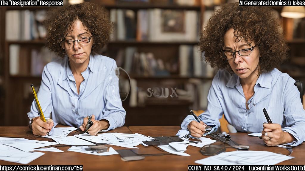 Draw a cartoon of a person (a middle-aged woman with curly brown hair) sitting at a desk, surrounded by papers and pens, with a phone on the table next to her. She looks disappointed and frustrated, while a clock in the background shows 5 o'clock, indicating that she's resigned from her job. The room is dimly lit, with only a single lamp casting a warm glow. The woman's facial expression conveys a sense of resignation and defeat.