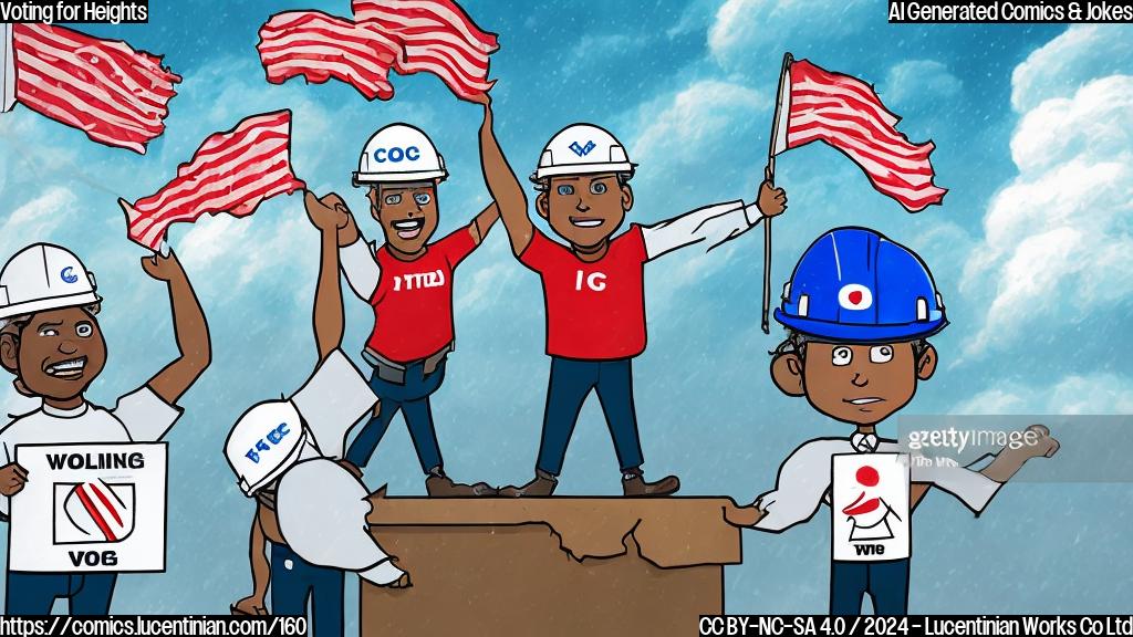 A cartoon of two election officials holding hands up high, with a large storm cloud looming behind them. The officials are wearing hard hats and holding onto each other for support as the wind blows their papers away. In the background, a map of North Carolina and Georgia can be seen, with red flags and broken lines indicating areas where voting preparations have been disrupted by Hurricane Helene.