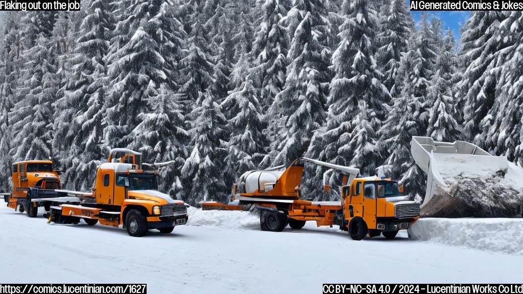 A plow truck with a worker and a ladder next to it, against a winter background with snow-covered trees and hills