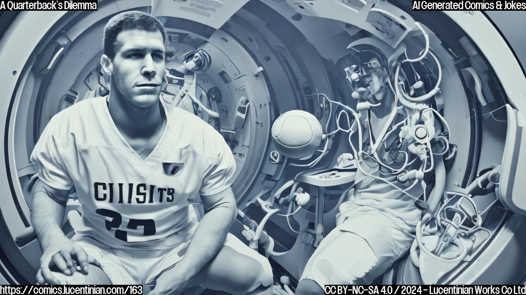 A plain color cartoon style picture of a football player sitting in an MRI machine, with a concerned expression and a few footballs scattered around them. The quarterback is surrounded by medical equipment and doctors in white coats are examining them from the sides. The background is a dark blue or black to emphasize the medical setting.