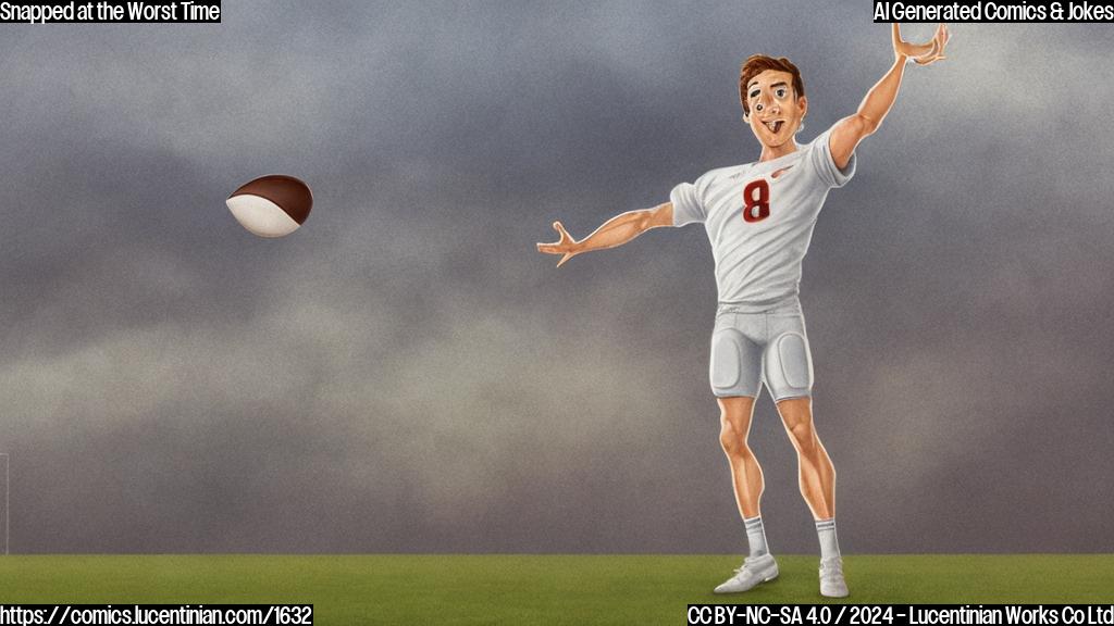 A cartoon of a football player with his arms up in triumph, surrounded by a hazy background of a football field. The ball is flying towards him as he stretches out his hand. The image should convey excitement and joy.