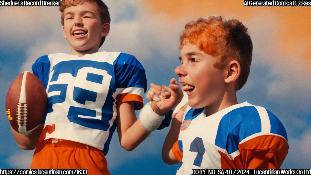 A young football player in a bright orange jersey with white numbers stands proudly on a field, surrounded by cheering fans and holding a football aloft in triumph. The background is a gradient of blue skies with fluffy white clouds. The player's facial expression conveys excitement and pride.