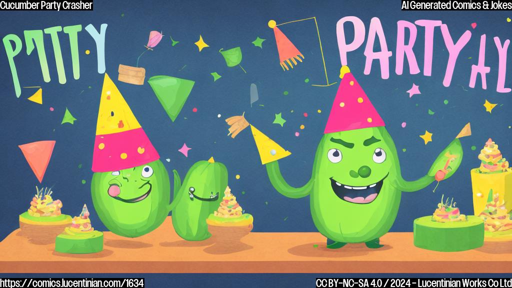 Illustrate a plain color cartoon style picture of a smiling cucumber in a party hat, standing on a table with other cucumbers and a banner that reads "Party Time".