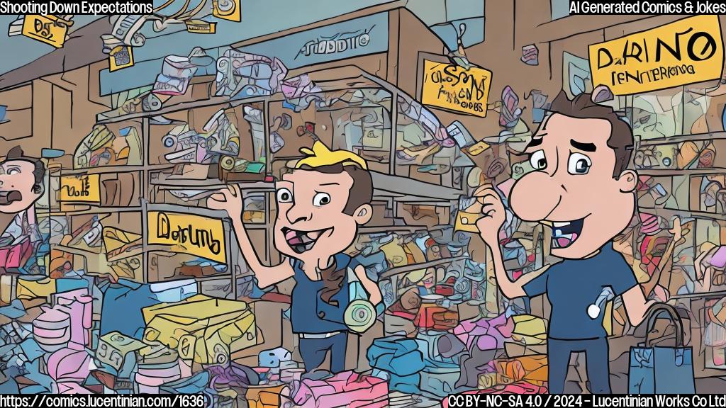 A cartoon of a person with a determined expression holding a ladder, surrounded by chaos and discounted merchandise, with some customers frantically shopping in the background.