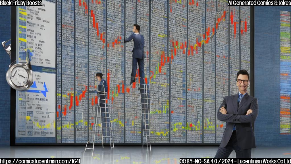 A blue-chip stock surges, and a trader holds a tall ladder in the background, symbolizing growth and success. The ladder is leaning against a wall with a chart showing rising stock prices, while a subtle smile on the trader's face conveys satisfaction.