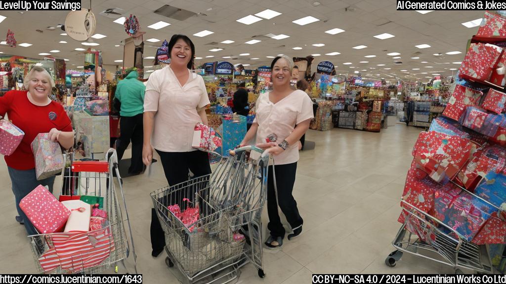 a large, smiling ladder stands in front of a shopping cart filled with gifts and discount items, with a few shoppers in the background eagerly grabbing deals on various products.