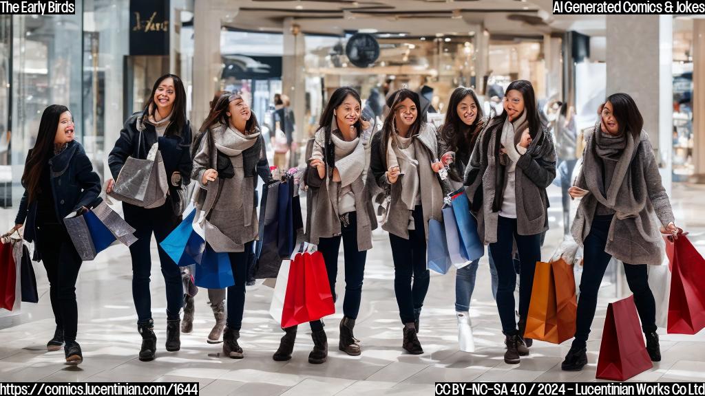 A group of excited shoppers, mostly in their 20s and 30s, dressed in casual winter clothing, with a mix of backpacks and purses, walking towards a large mall entrance. The scene should capture the anticipation and enthusiasm on their faces.