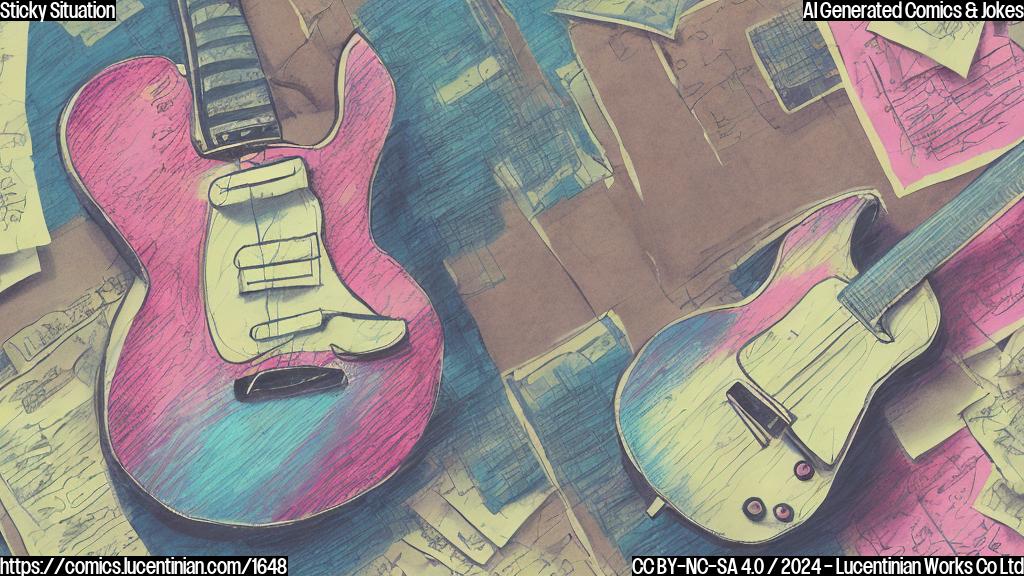 A melancholic, pastel-colored illustration of a guitar with a worried expression, surrounded by sticky notes and musical sheets with scribbled lyrics.