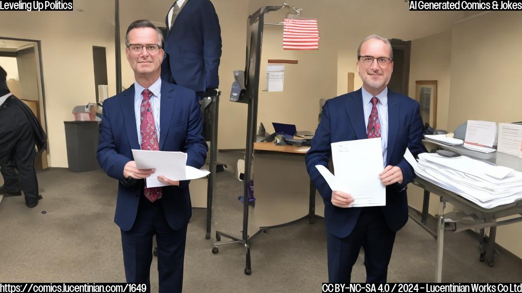 a middle-aged man with a suit and tie standing on a step stool, holding a clipboard with voting papers