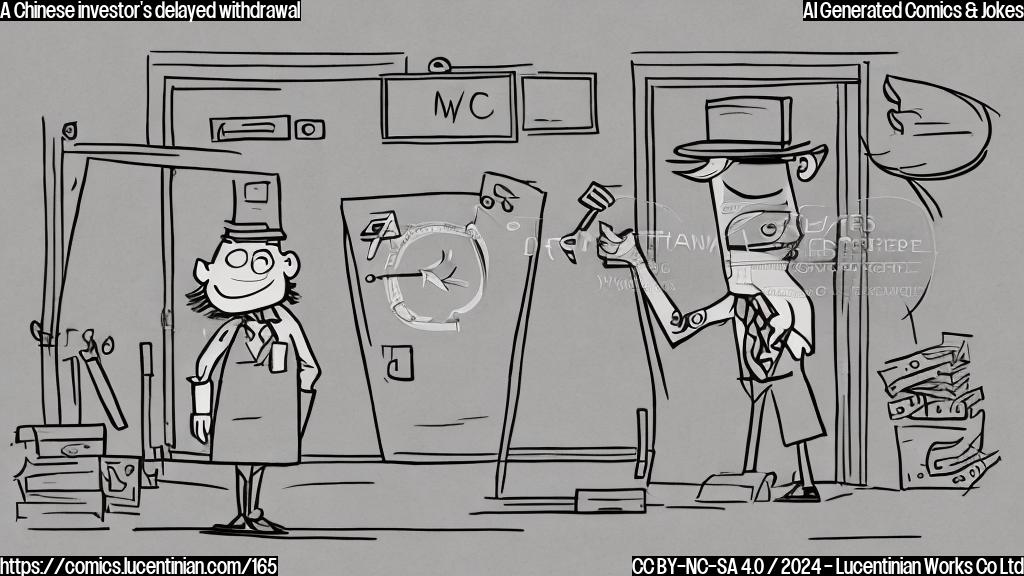 Draw a simple cartoon of a person with a surprised expression holding a briefcase and standing next to a large wooden door labeled "Reform Phase." The background should have a subtle gradient of gray tones indicating a sense of stagnation or delay. The overall style should be minimalist and clean, using plain colors to convey the theme of delayed growth or reform.