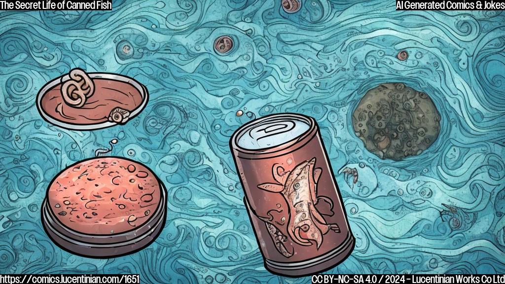 Illustrate a cartoon-style picture of an old, worn-out can of salmon with a thought bubble above its head, containing a small parasite with a sad expression, surrounded by swirling ocean currents and marine life in the background.