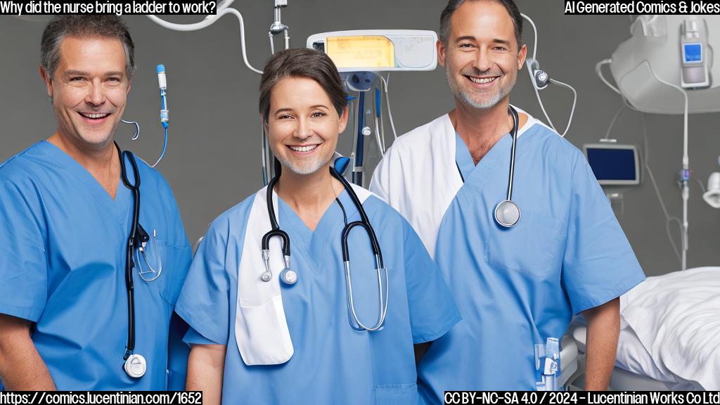 a middle-aged man in scrubs, holding a ladder and smiling, standing next to a hospital bed with a patient under the covers. The patient is surrounded by beeping medical equipment and the nurse is wearing a stethoscope around their neck.