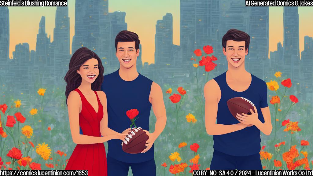 Illustrate a plain color cartoon style picture of a smiling actress (Hailee Steinfeld) wearing a bright red dress and holding a bouquet of flowers, standing next to a football player (Josh Allen) with a big smile on his face, in front of a blurred background with a city skyline at sunset.