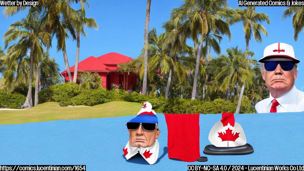 A stern-looking Canadian prime minister with a red hat and sunglasses stands next to a brightly colored beach towel, surrounded by palm trees and a blue Florida sky, with Donald Trump sitting across from him with an uncertain expression.