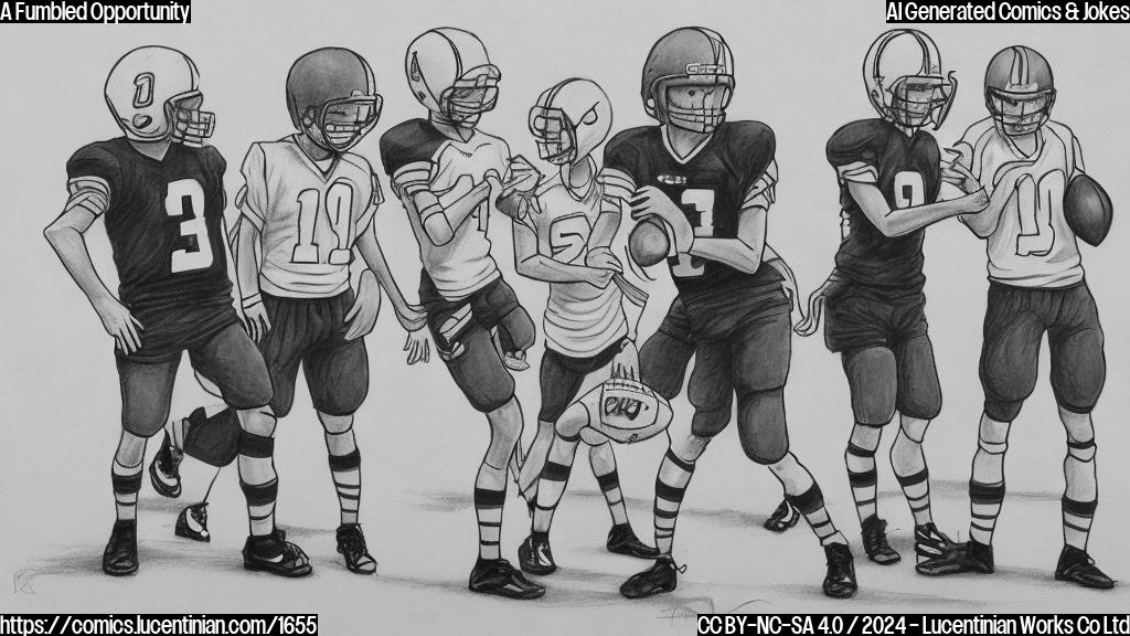 Draw a simple cartoon of a football player (Aidan O'Connell) with a guilty expression, holding onto the ball that has slipped out of their hands, while another player (a coach or teammate) looks at them with disappointment and frustration.