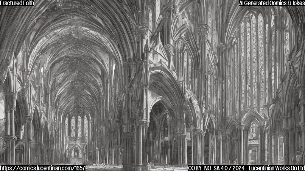 A cartoon-style picture of a partially repaired Gothic cathedral with missing stones and rusty metal supports, surrounded by construction hoarding and razor wire. The cathedral's iconic rose window is cracked, and its roof is partially torn off, revealing the wooden beams underneath. A therapist in a simple white robe stands before the cathedral, holding a small hammer and looking concerned.