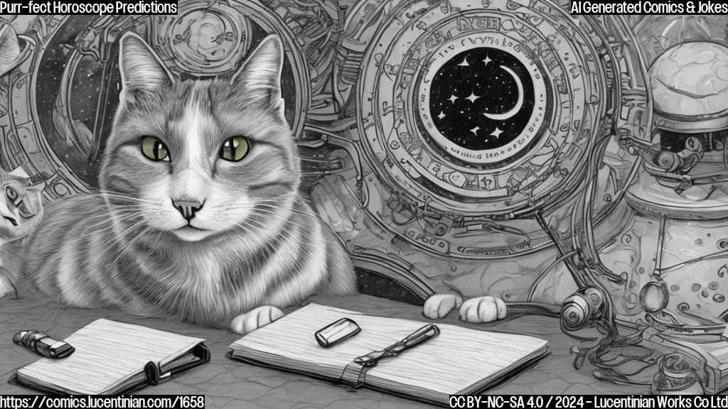 Draw a cartoon-style picture of a curious, grey and white cat sitting at an astrology desk with a star chart in front of it. The cat has a miniature calculator and a notebook, looking very focused.