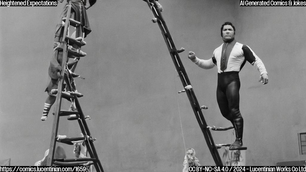 A person, dressed in attire typical of professional wrestling wrestlers, stands at the top of a raised platform. The character's body language conveys confidence and determination. A ladder is positioned beside them, with one end resting against the ropes of the ring.