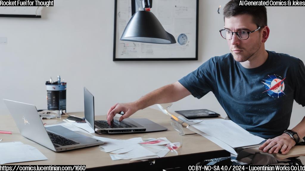 a person sitting at a desk with a laptop and looking stressed, surrounded by satellite diagrams and equations, with a faint image of a rocket in the background. The person is wearing a SpaceX t-shirt and has a "Rocket Fuel for Thought" mug on their desk.