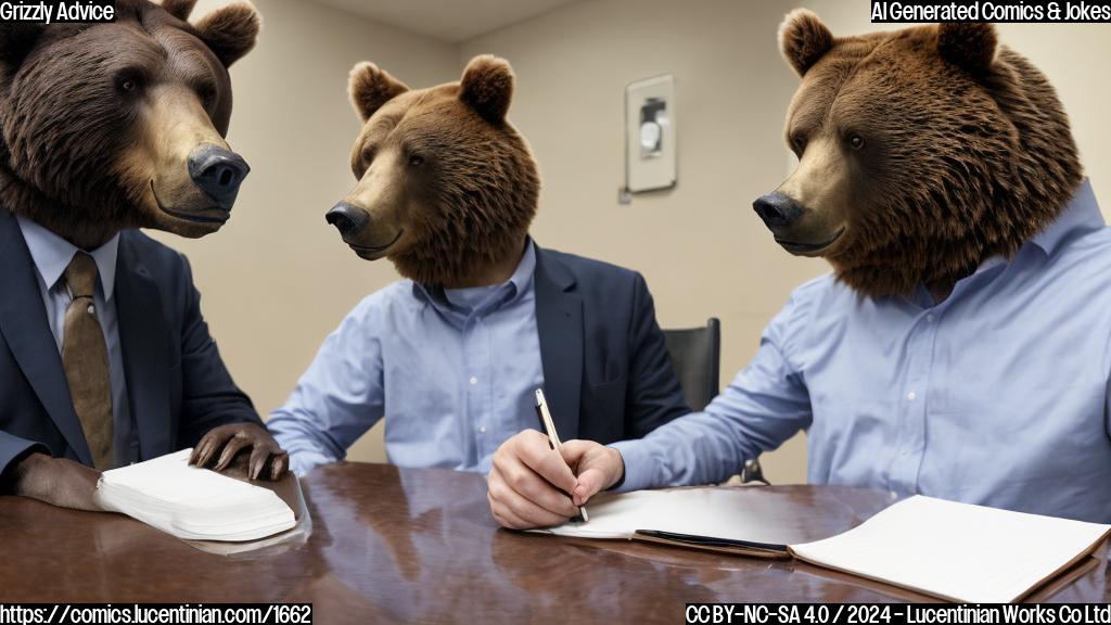 a large, brown bear with a rugged face and sharp claws sits in a chair across from an interviewer, who is taking notes on a notepad. The bear looks confident but also slightly nervous.