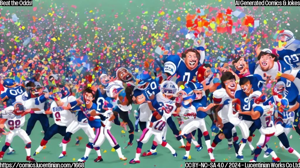 Draw a cartoon of a sports team, all dressed in different colors, with one player holding a giant number 19.5 on a whiteboard, surrounded by confetti and cheering fans. The team is celebrating in the background, while the opposing team's players are shown looking shocked and disappointed in the foreground.