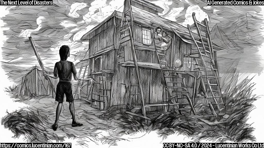 Draw a cartoon of a person holding a ladder, standing in front of an evacuation center with a worried expression on its face. The background should have a stormy sky with clouds and lightning.