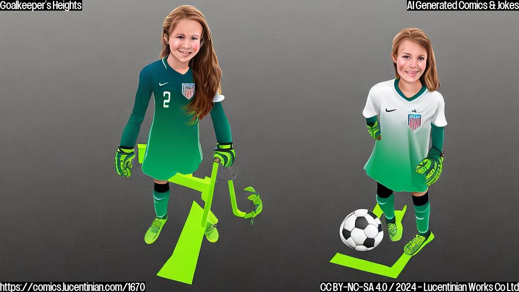 Draw a cartoon of a young girl, wearing a green USWNT jersey and goalie gloves, standing on top of a small step stool or ladder in front of a goal. The background should be a soccer field with an empty stadium and a cloudy sky.