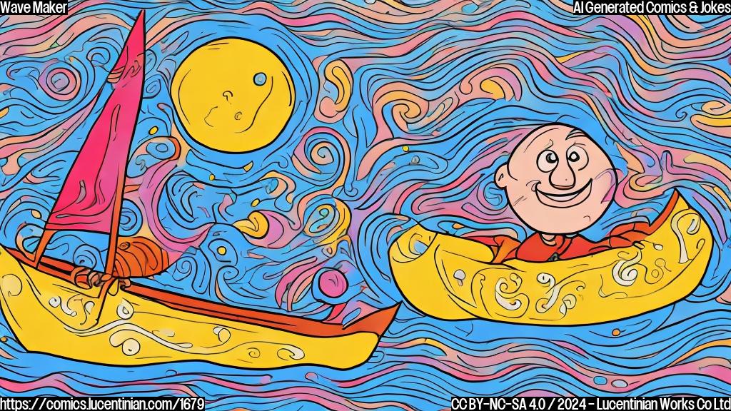 A cartoon style image of a small, colorful sailing canoe with a worried expression on its face, surrounded by swirling waves and emotional expressions, such as a smiley face for the anxiety wave and a frown for the emotional turmoil.