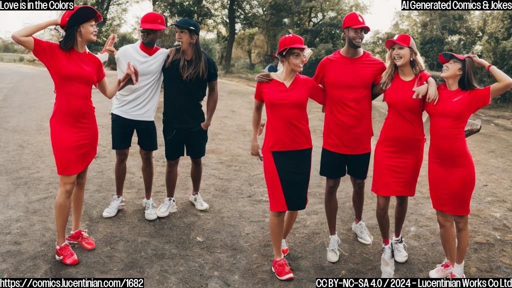 a woman wearing a bright red dress, standing next to her boyfriend wearing a red jersey and matching hat, with another woman wearing an identical outfit smiling at them both