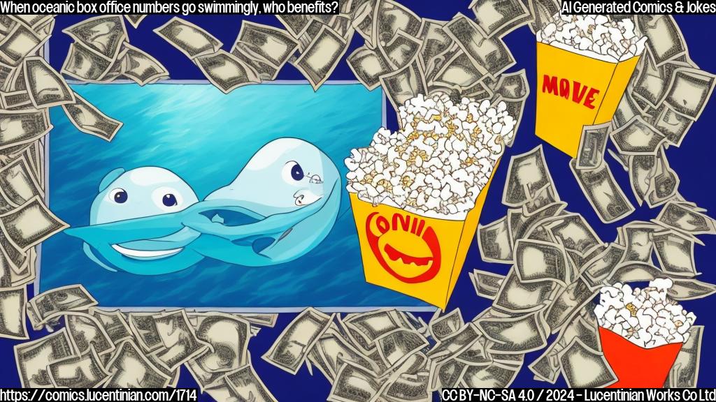 Draw a cartoon-style picture of a smiling ocean with a cash register and a massive pile of money, surrounded by movie cameras and popcorn buckets.