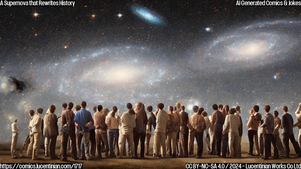 a group of astronomers with stars and galaxies surrounding them, looking confused and arguing amongst themselves, standing in front of a bright light from a distant explosion.