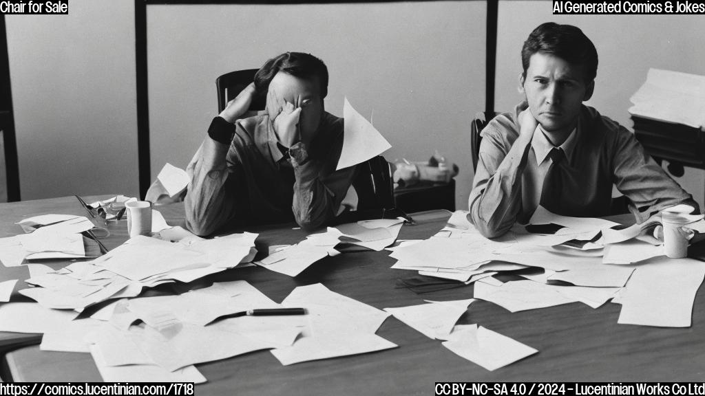 A person with a concerned expression, sitting at a desk with a chair that is leaning to one side, surrounded by papers and notes.
The person has a puzzled look on their face, with a hint of worry in their eyes.