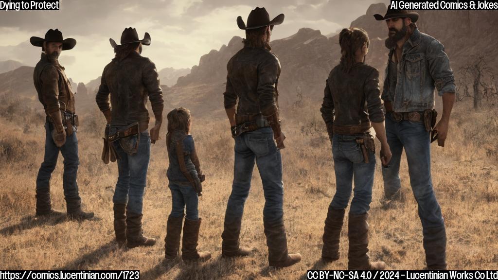 A rugged cowboy with a beard and worn leather jacket stands back-to-back with his two younger siblings, looking out at a desolate landscape. The older sibling is holding a rifle, while the younger ones have crossbows slung over their shoulders. In the background, a silhouette of a hitman can be seen, lurking in the shadows.